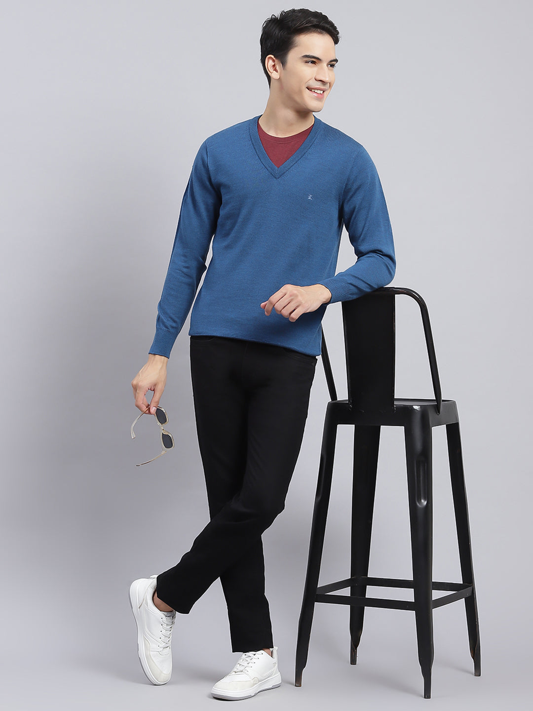 Men Blue Solid Pure wool Pullover