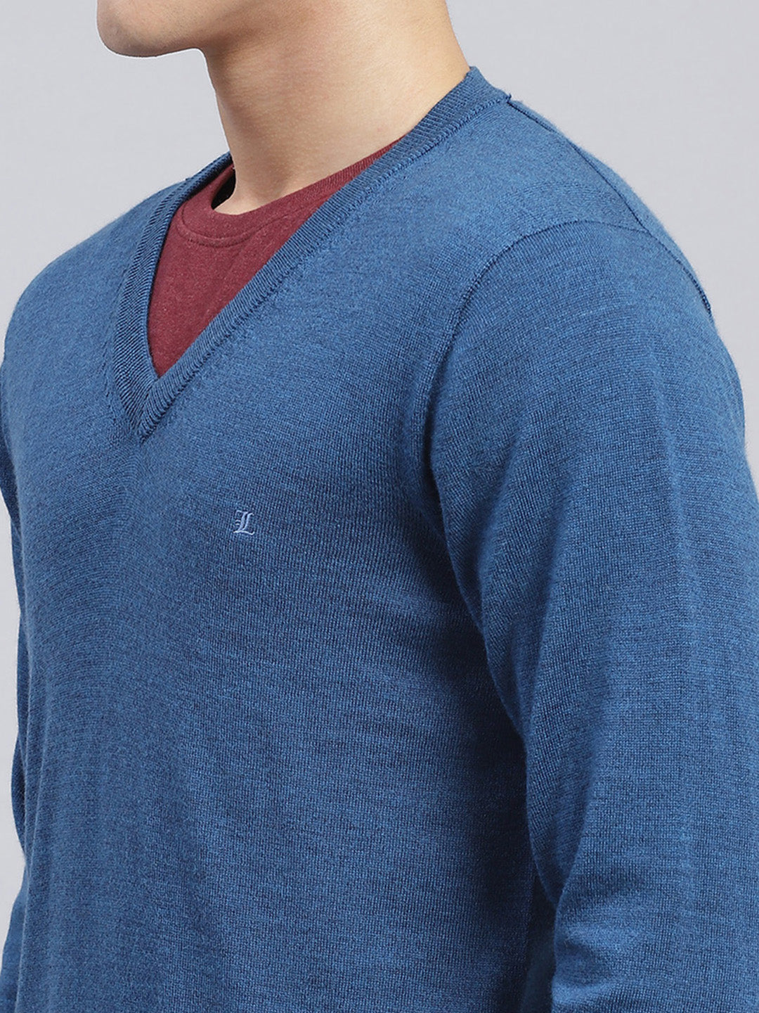Men Blue Solid Pure wool Pullover