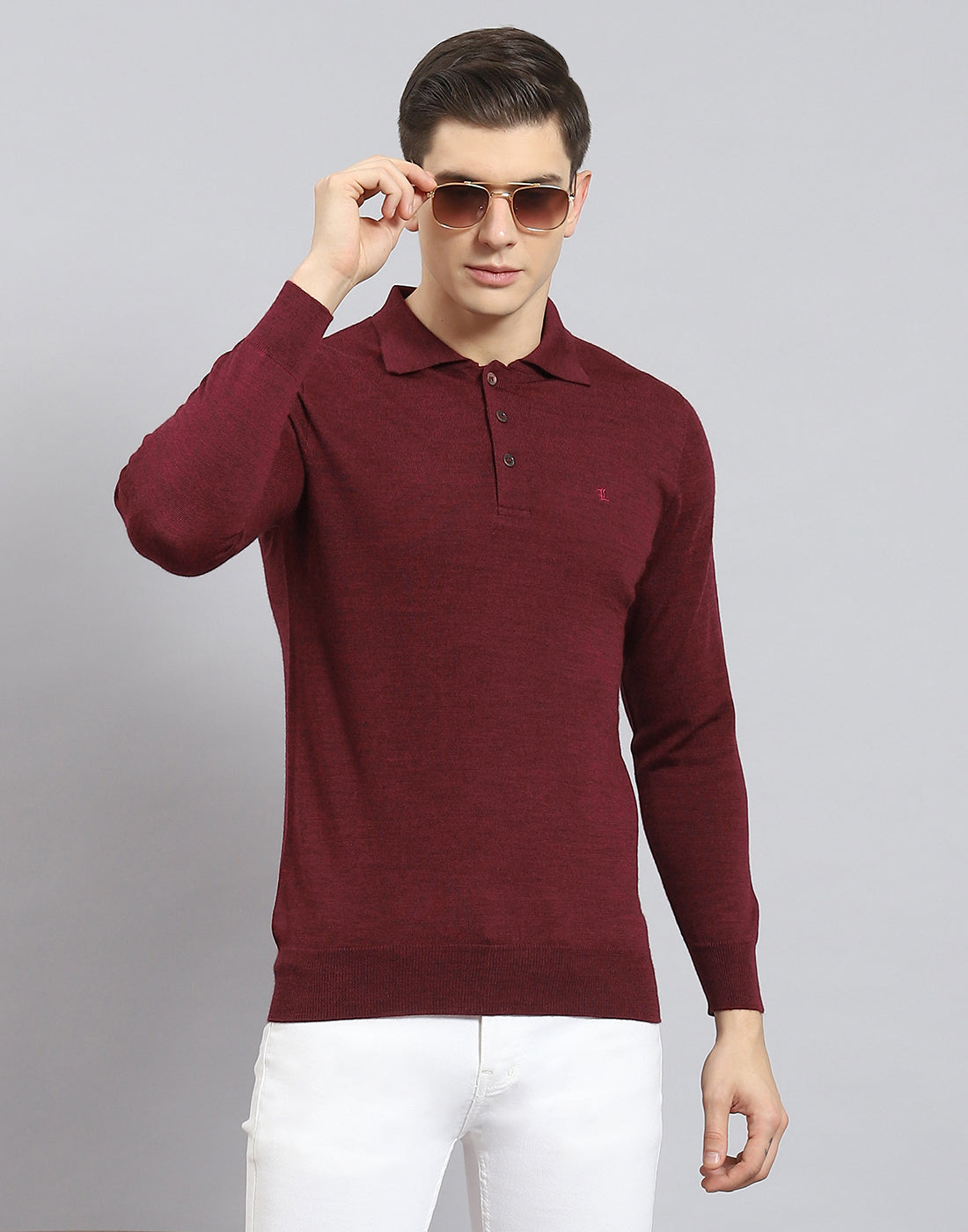 Men Maroon Solid Polo Collar Full Sleeve T-Shirt
