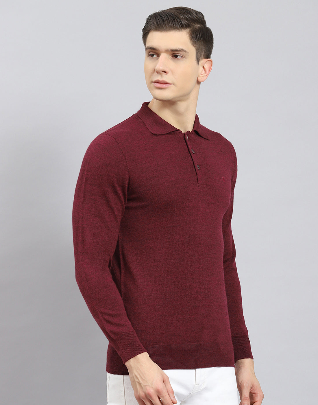Men Maroon Solid Polo Collar Full Sleeve T-Shirt