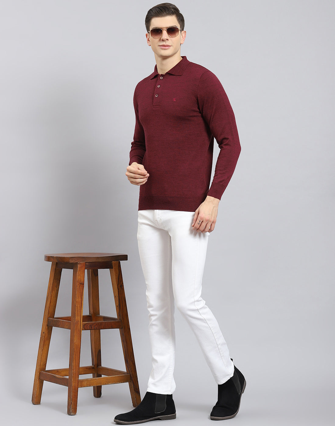 Men Maroon Solid Polo Collar Full Sleeve T-Shirt