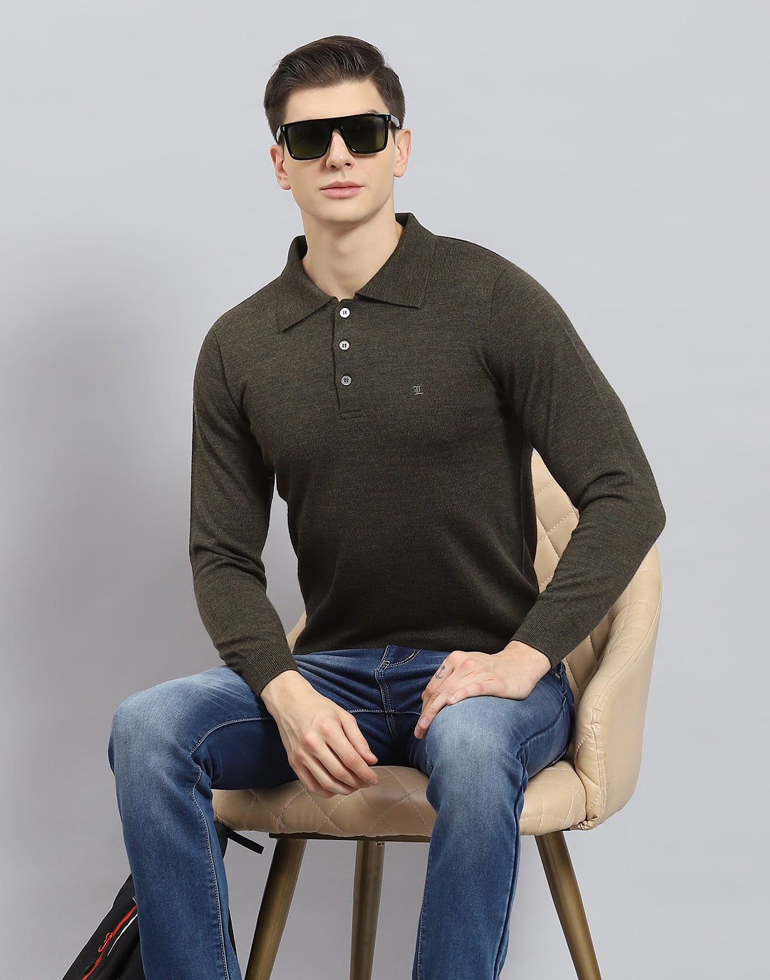 Men Olive Solid Polo Collar Full Sleeve T-Shirt
