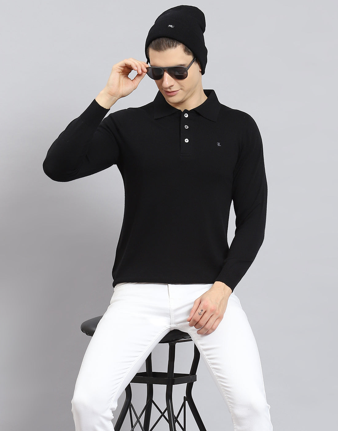 Men Black Solid Polo Collar Full Sleeve T-Shirt