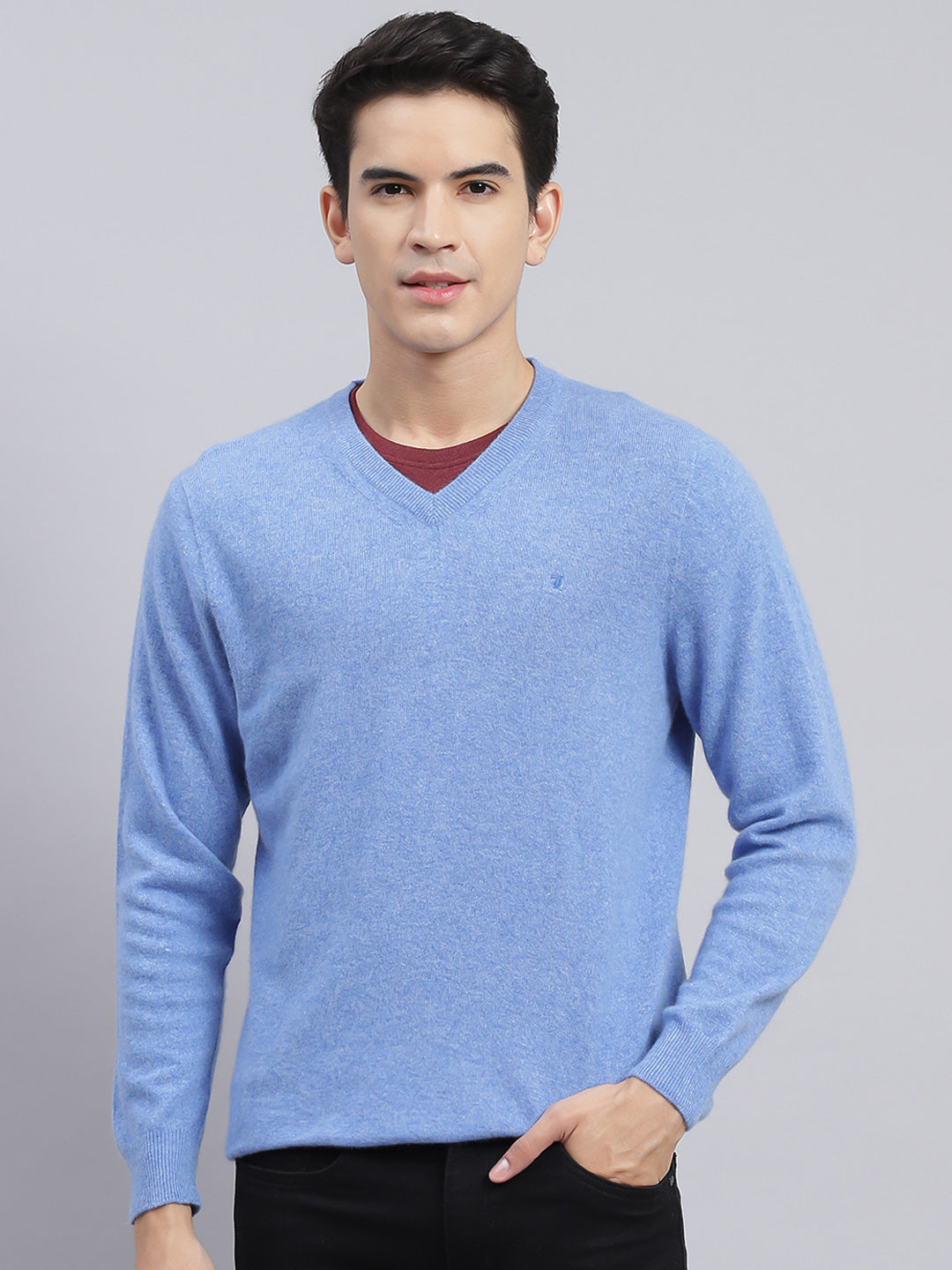 Men Sky Blue Solid Lamb wool Pullover