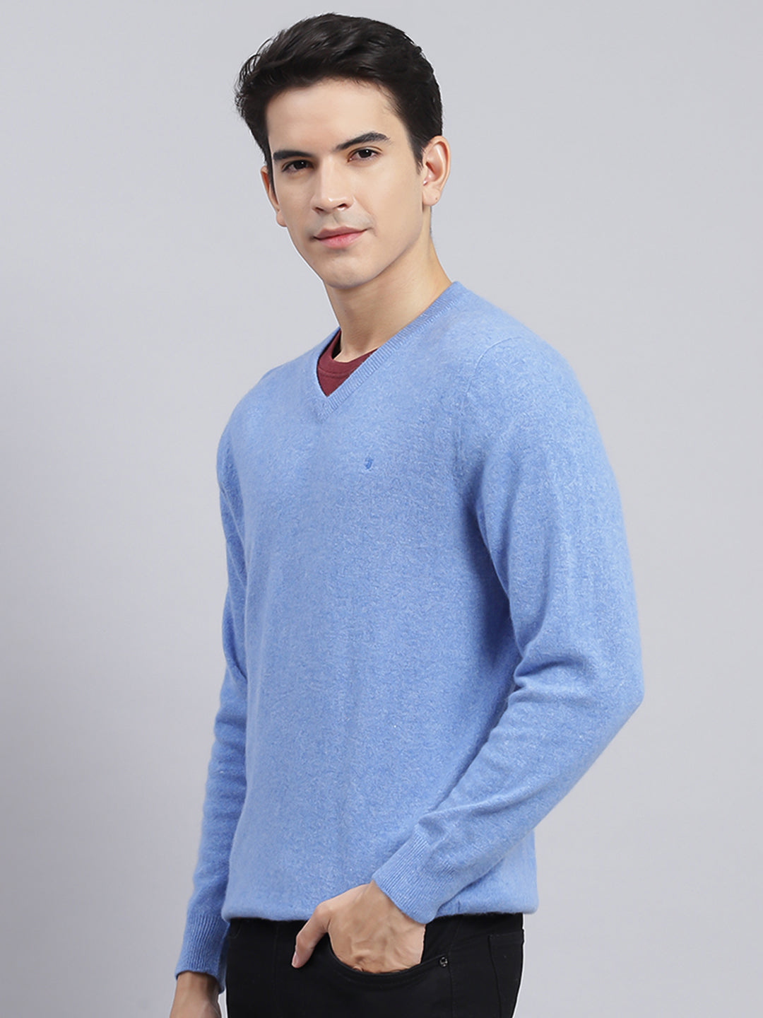 Men Sky Blue Solid Lamb wool Pullover