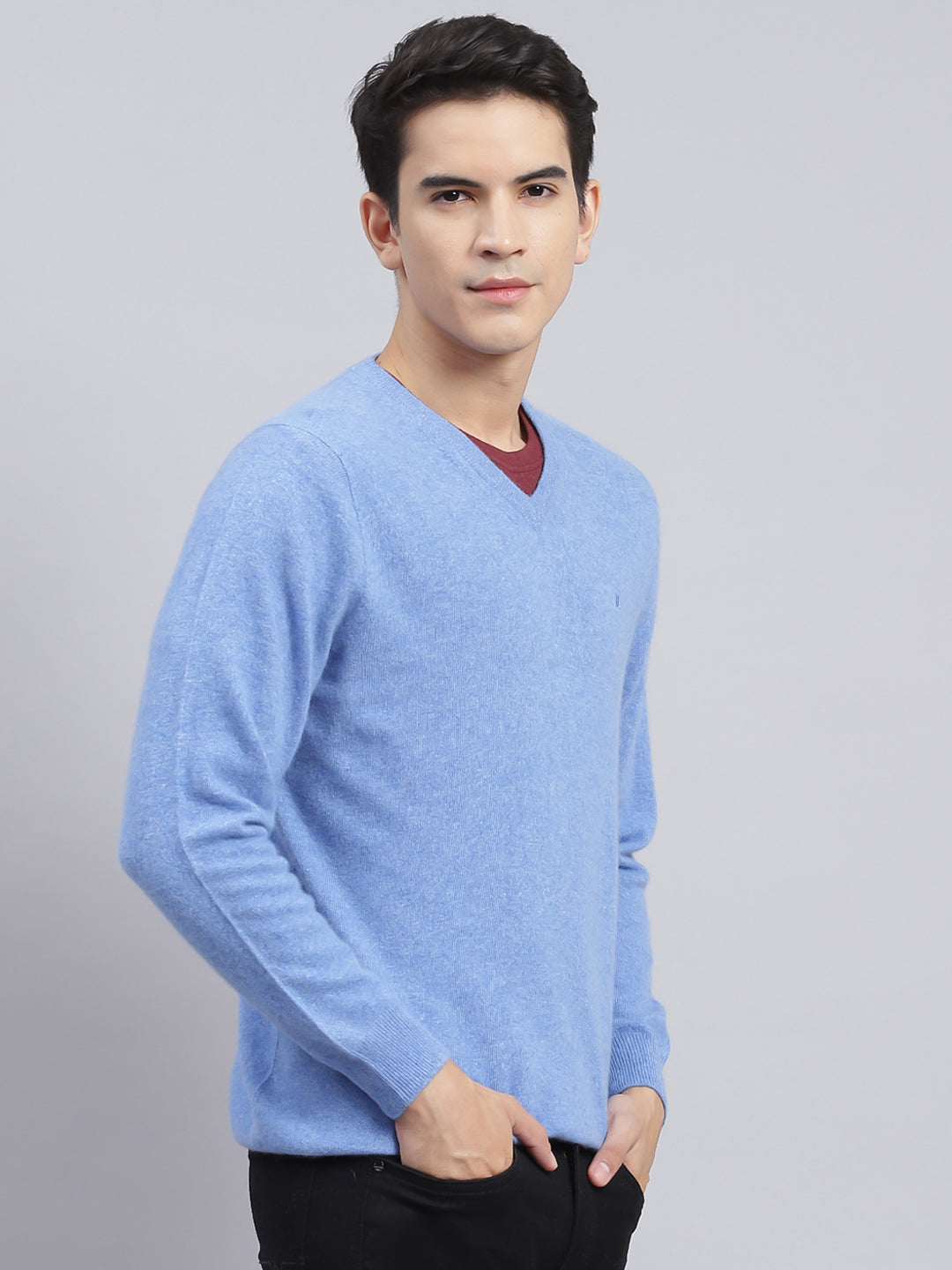 Men Sky Blue Solid Lamb wool Pullover