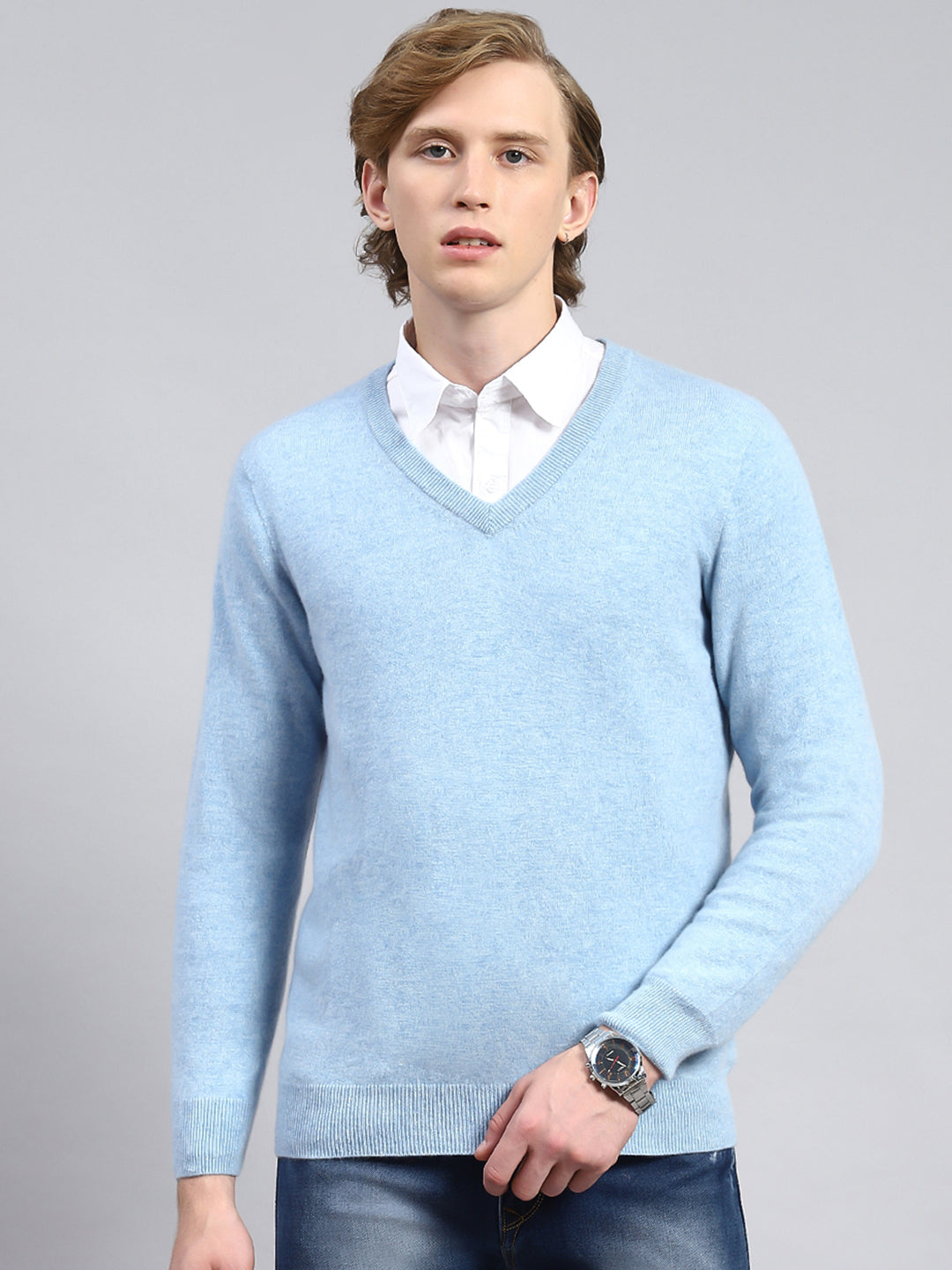 Men Blue Solid Pullover