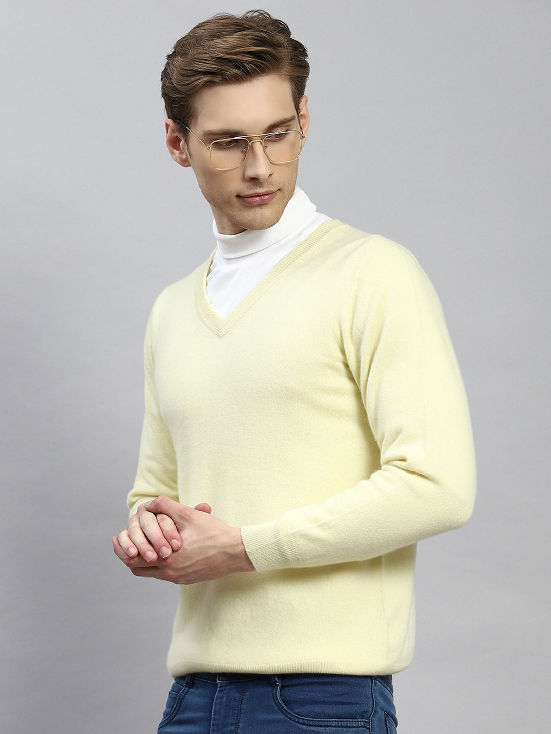 Men Cream Solid Pullover