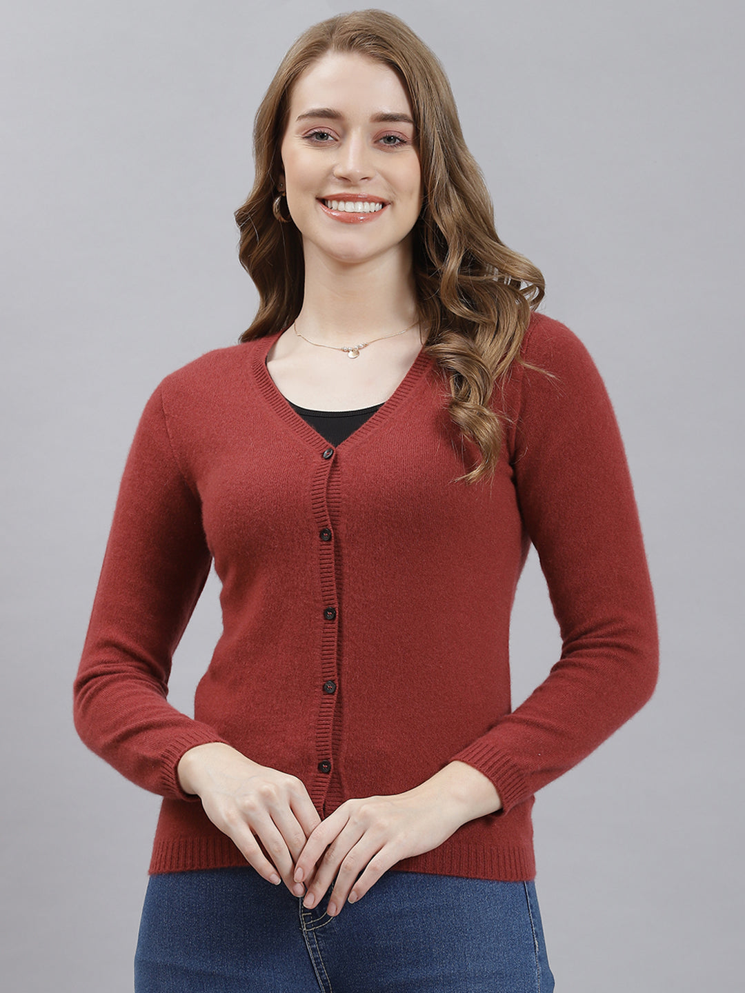 Women Red Solid Cardigan