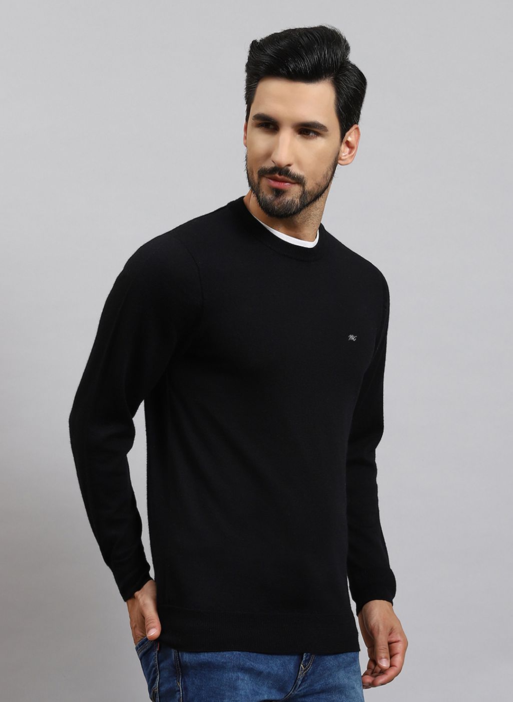 Men Black Solid Pure wool Pullover