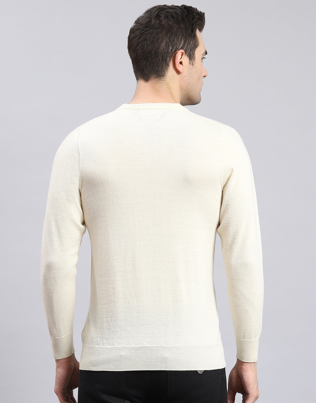 Men Off White Solid Round Neck Full Sleeve Sweater