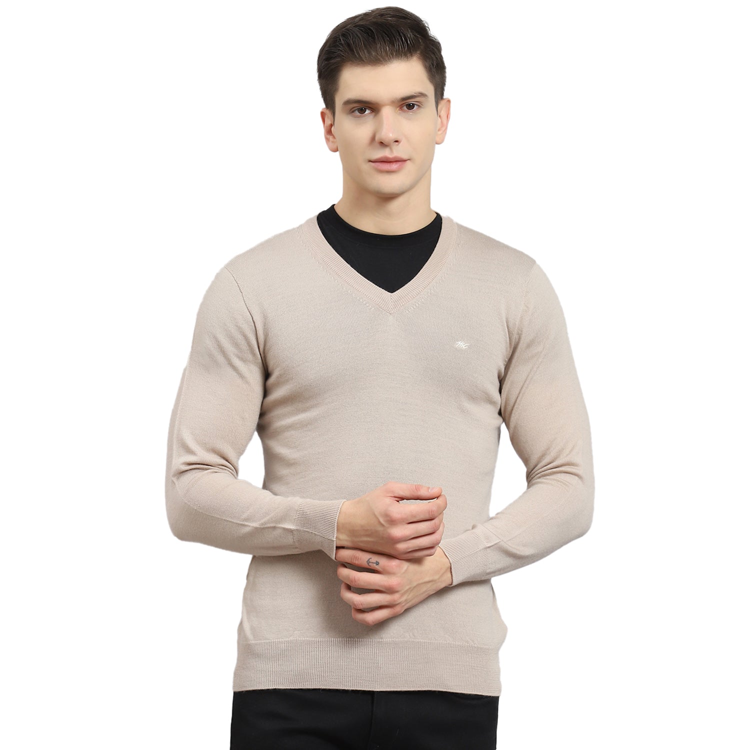 Men Beige Solid V Neck Full Sleeve Sweater