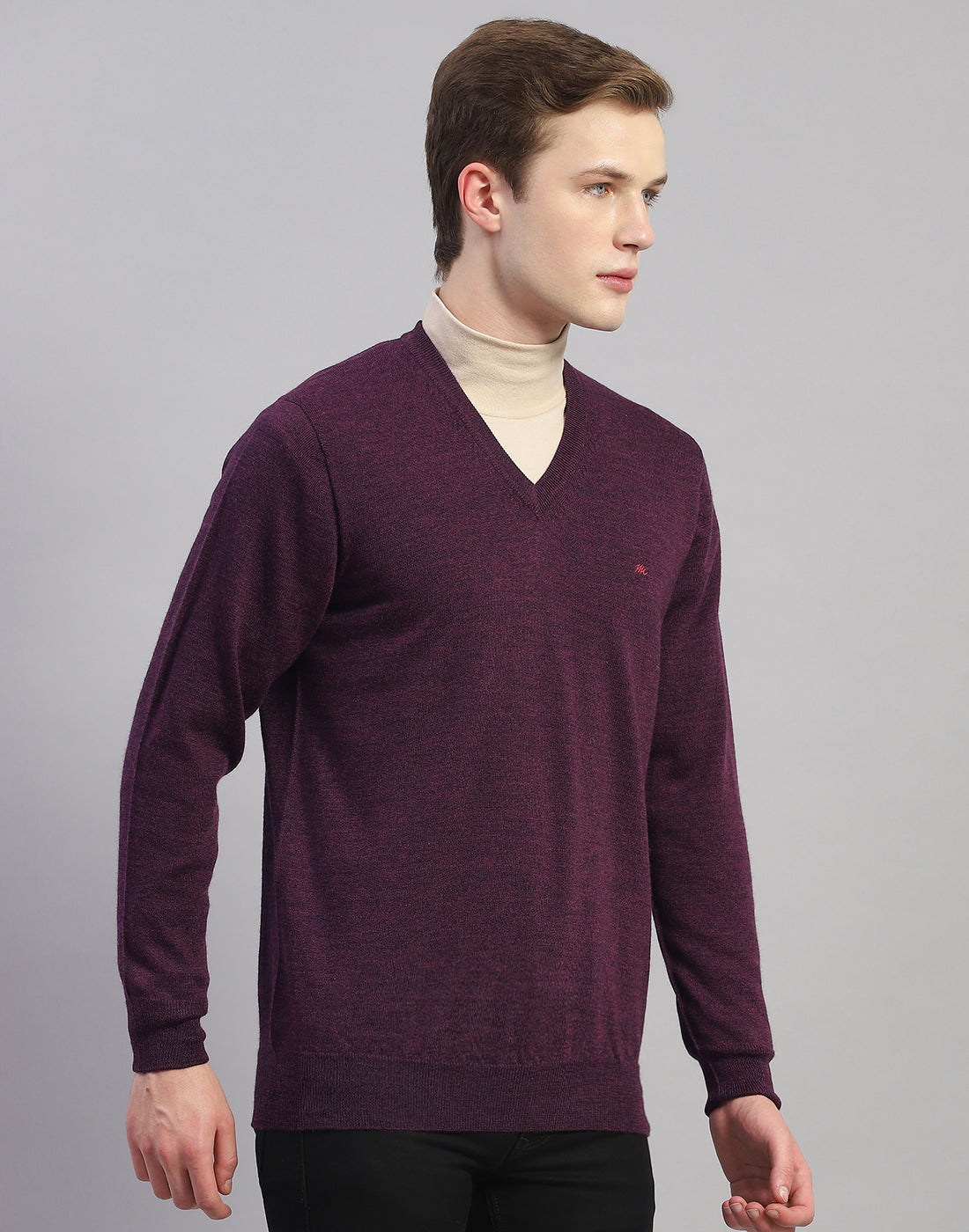 Men Purple Solid V Neck Full Sleeve Pullover
