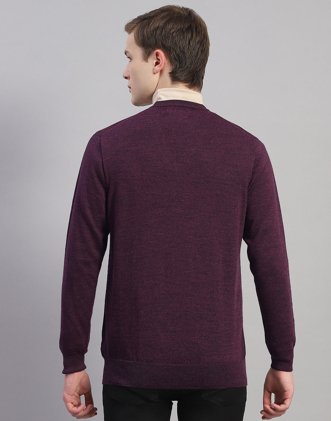 Men Purple Solid V Neck Full Sleeve Pullover