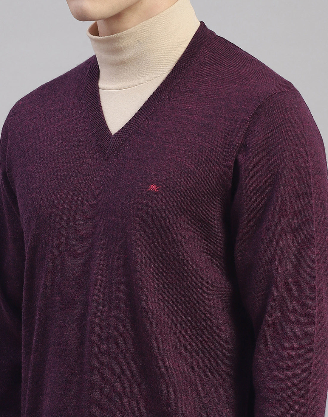 Men Purple Solid V Neck Full Sleeve Pullover