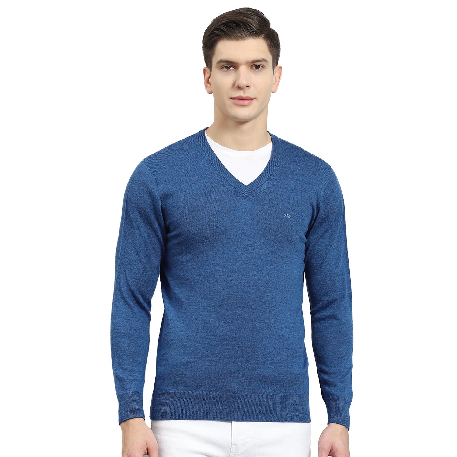 Men Blue Solid V Neck Full Sleeve Sweater