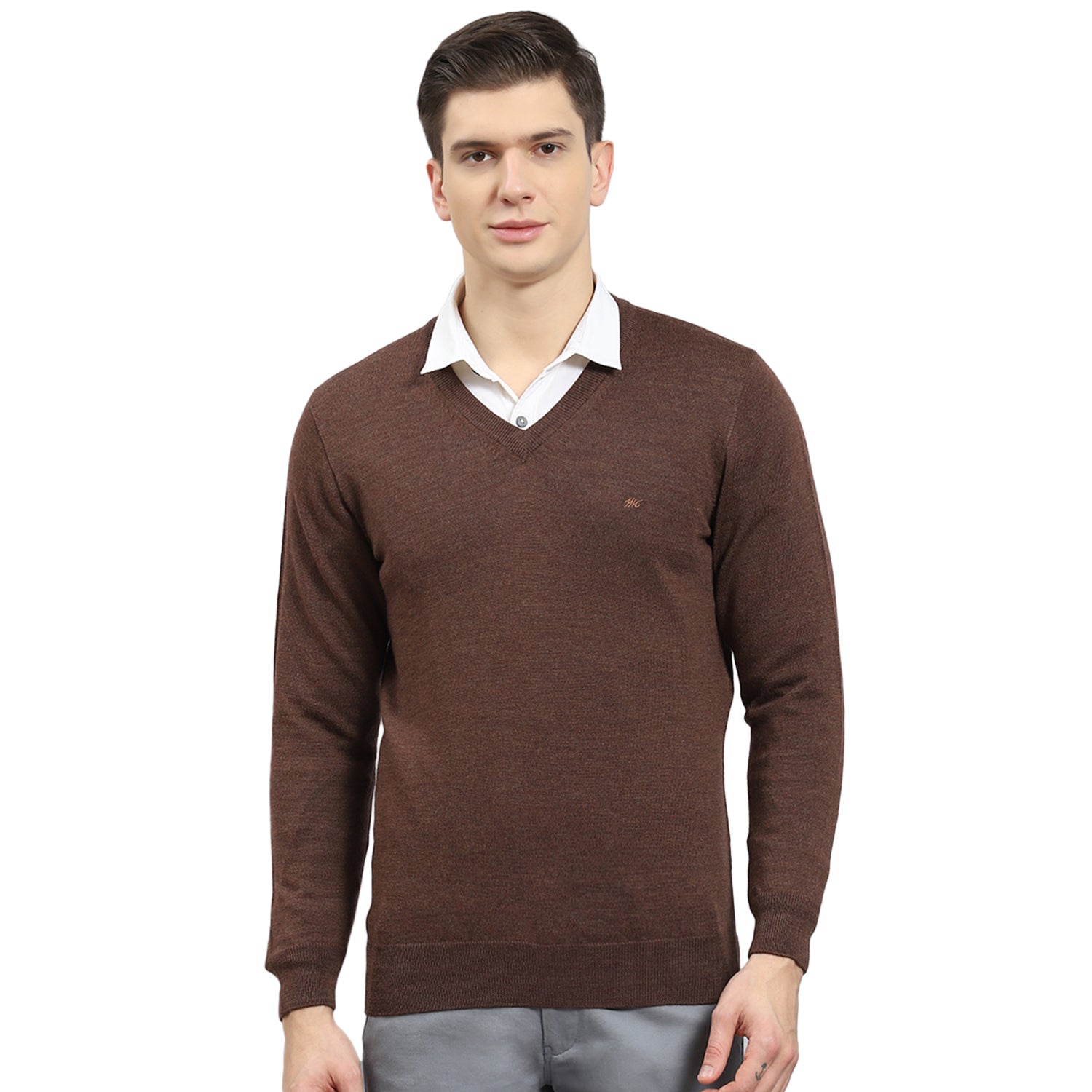 Men Brown Solid V Neck Full Sleeve Sweater
