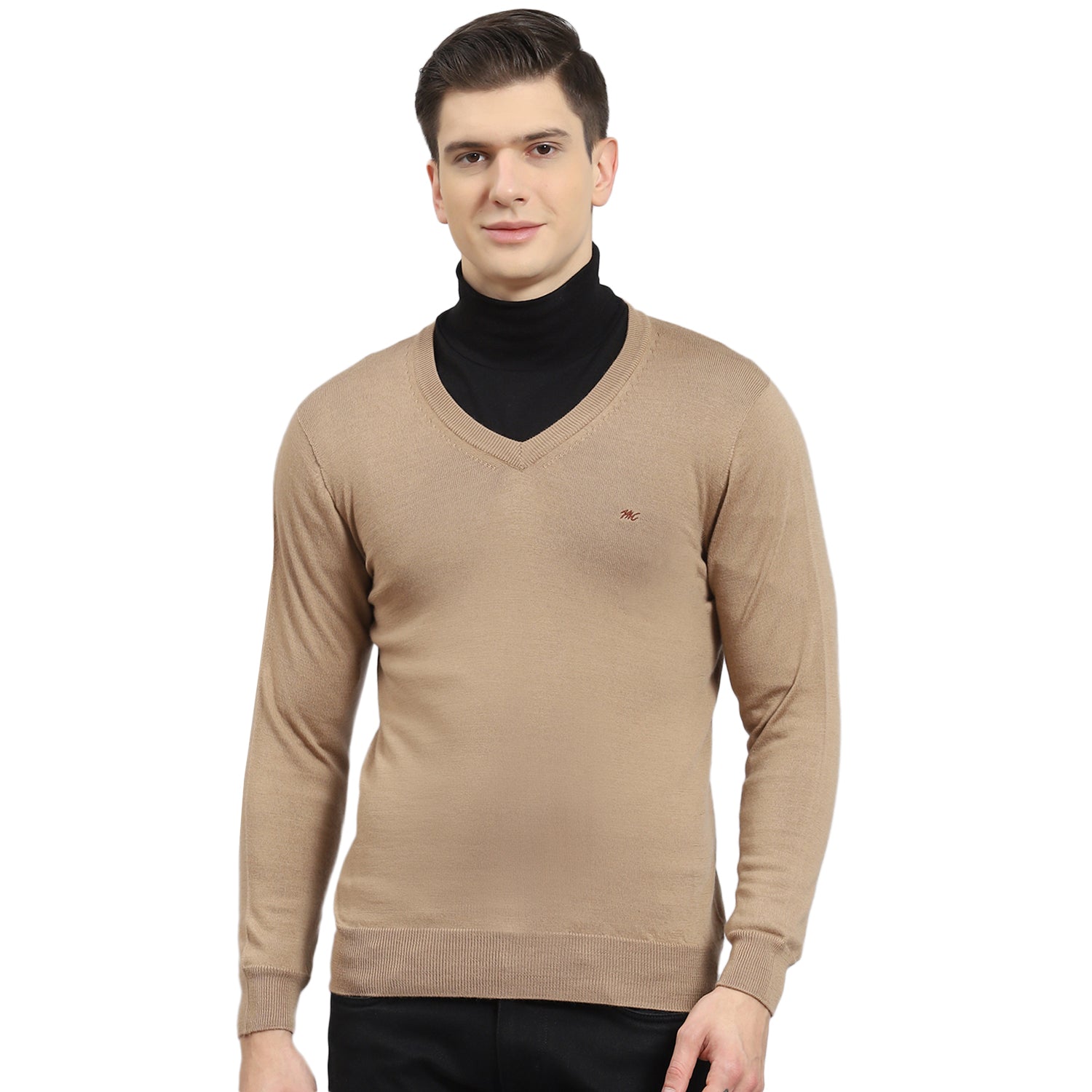 Men Brown Solid V Neck Full Sleeve Sweater