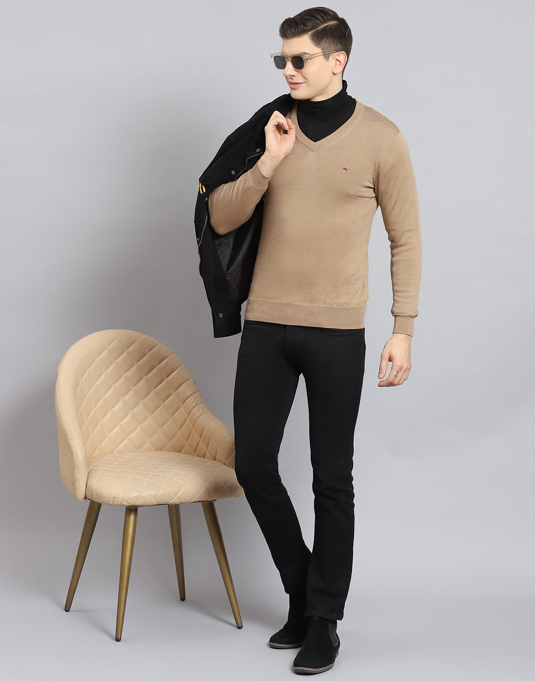 V Neck Polar Neck Jumper Mens Men Brown Solid V Neck Full Sleeve