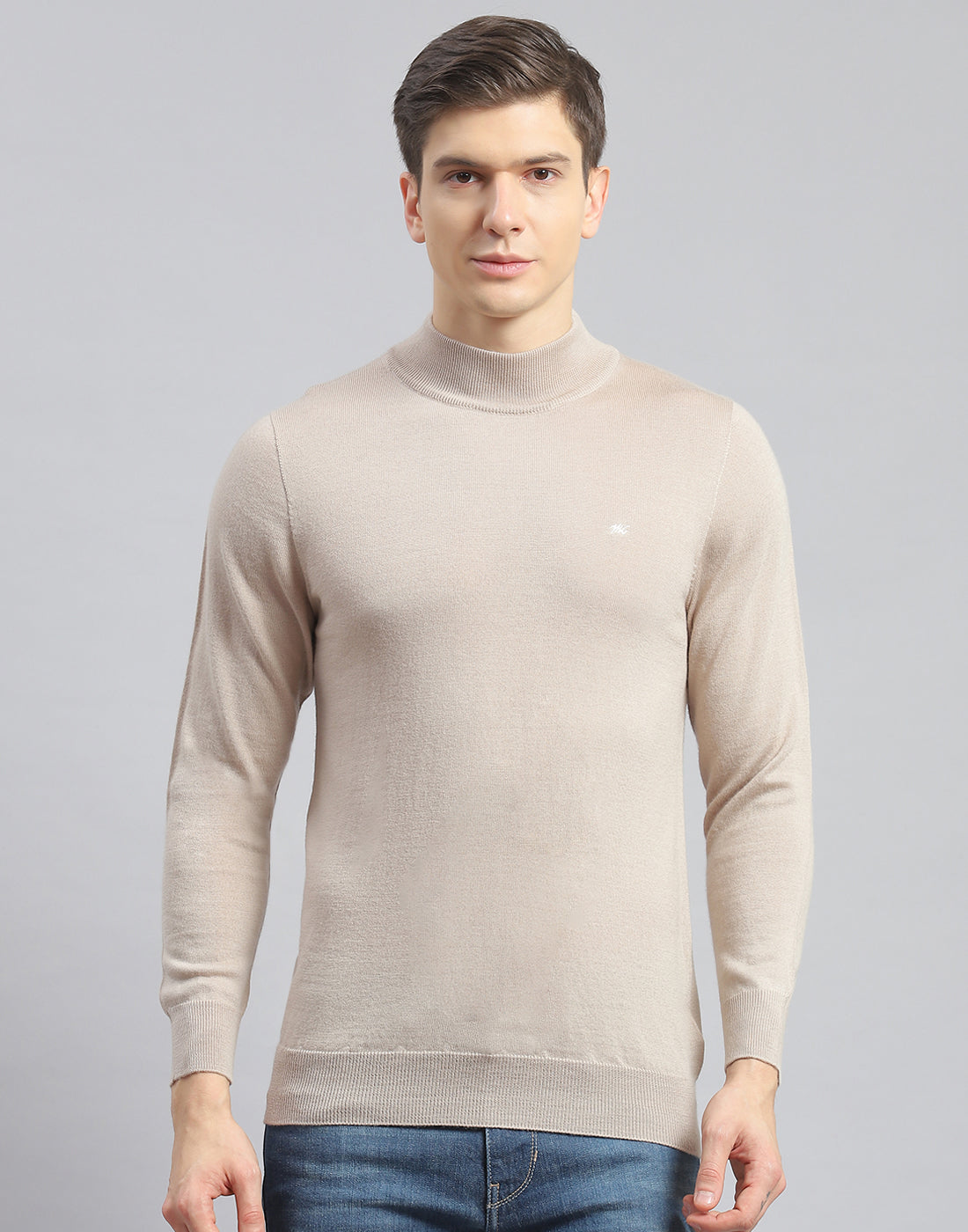 Men Beige Solid T Neck Full Sleeve Pullover