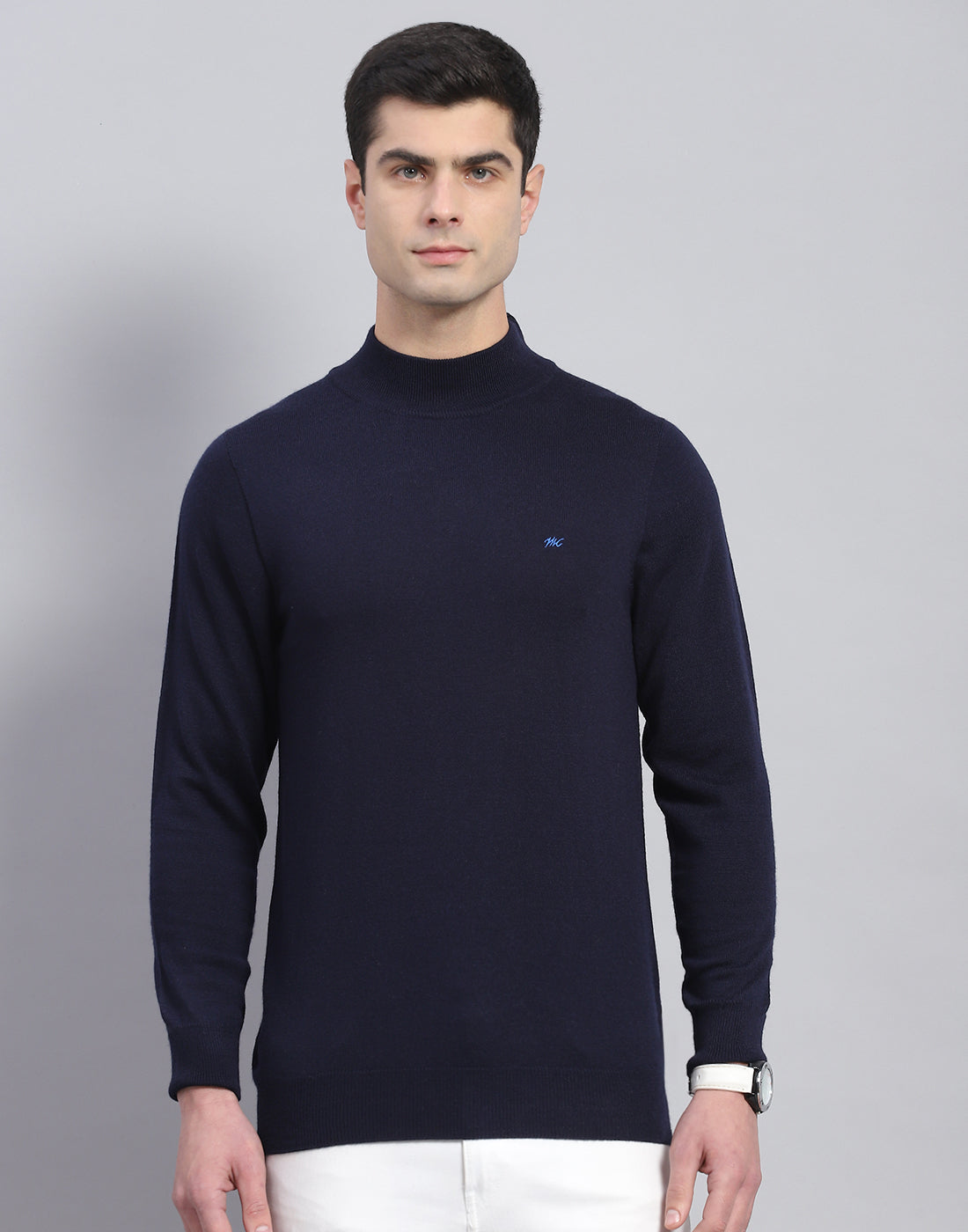 Men Navy Blue Solid T Neck Full Sleeve Pullover