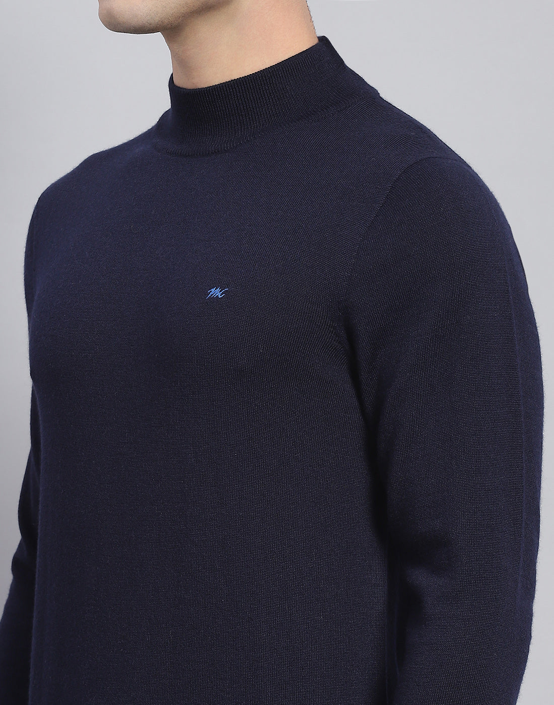 Men Navy Blue Solid T Neck Full Sleeve Pullover
