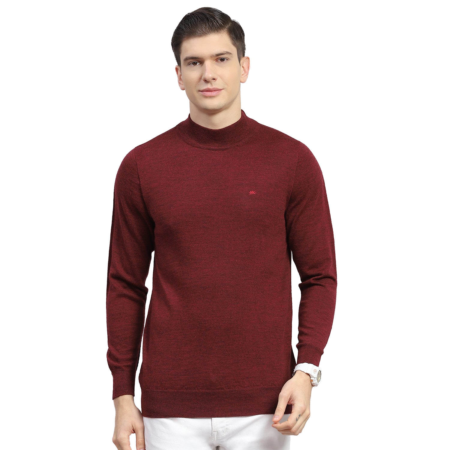 Men Maroon Solid T Neck Full Sleeve Sweater