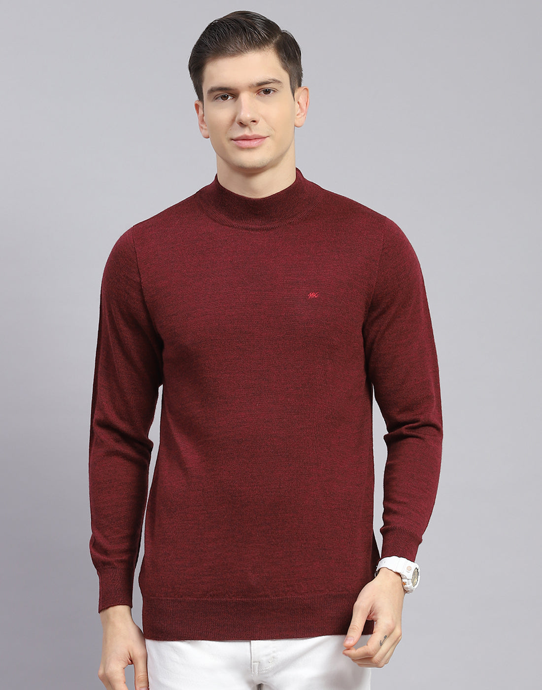 Men Maroon Solid T Neck Full Sleeve Sweater