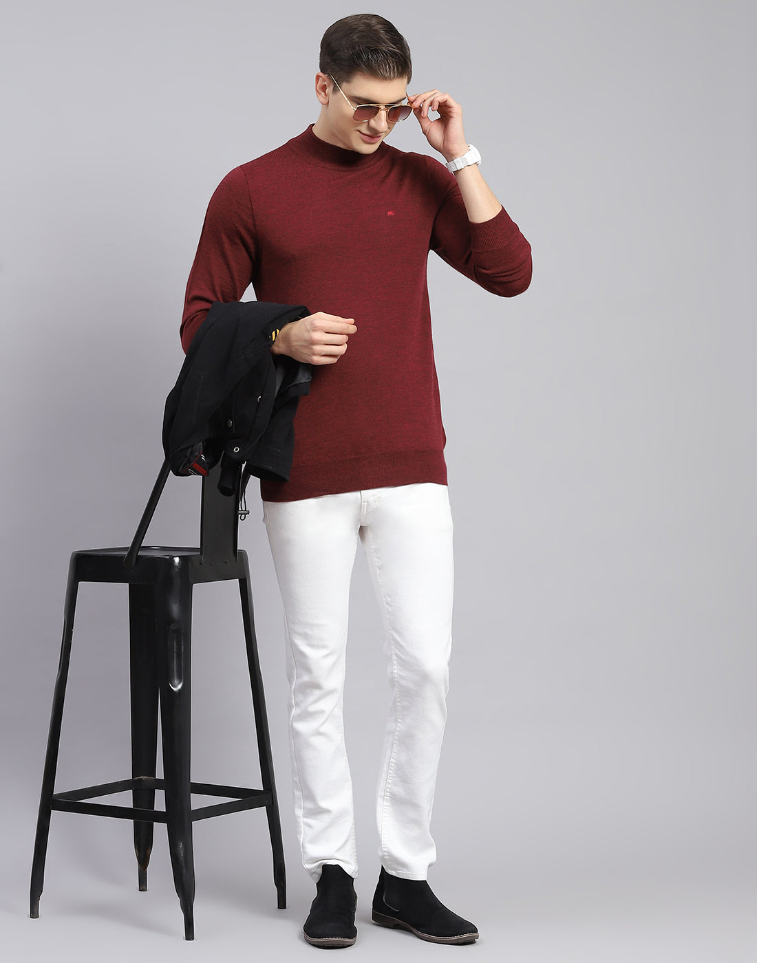 Men Maroon Solid T Neck Full Sleeve Sweater