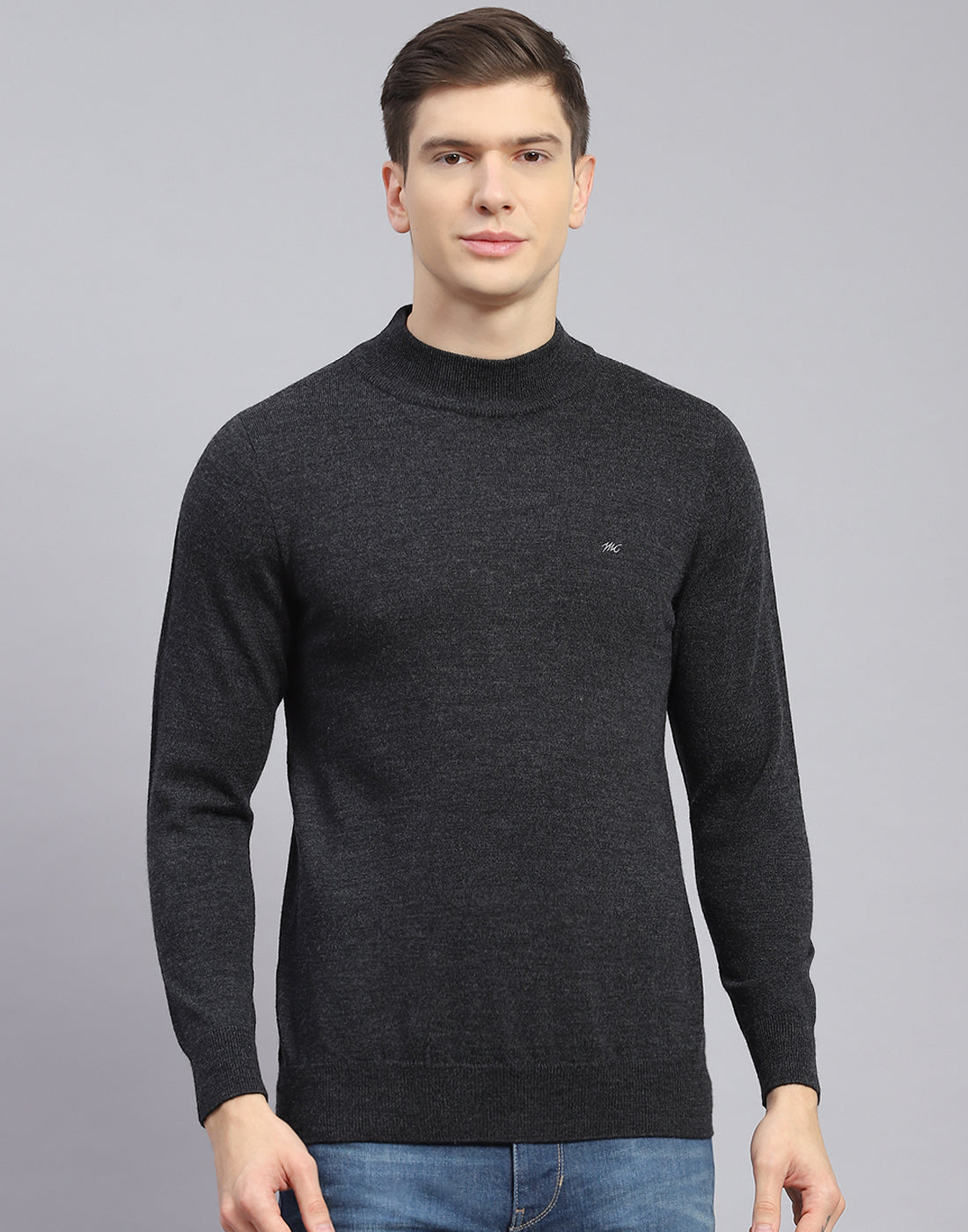 Men Grey Solid T Neck Full Sleeve Sweater
