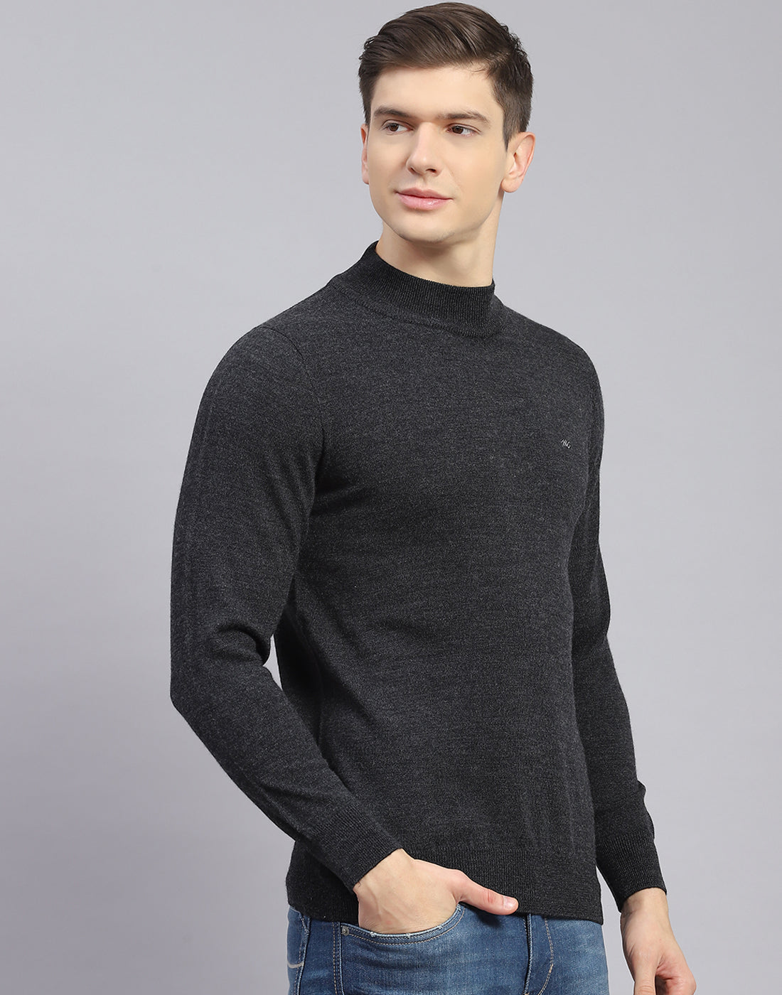 Men Grey Solid T Neck Full Sleeve Sweater