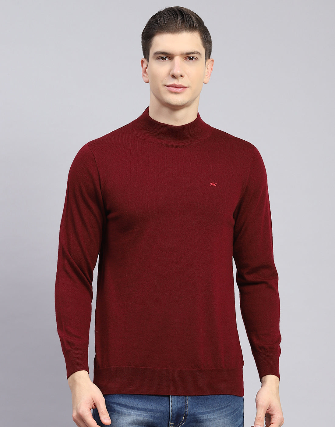 Men Maroon Solid T Neck Full Sleeve Sweater
