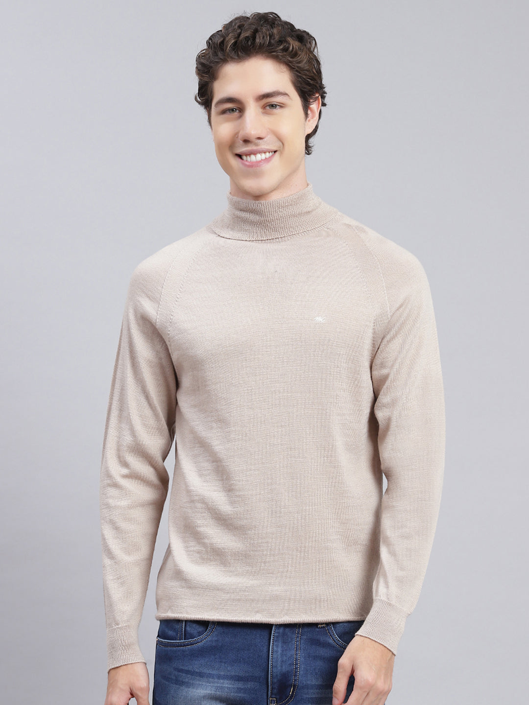 Men Beige Solid Pure wool Pullover