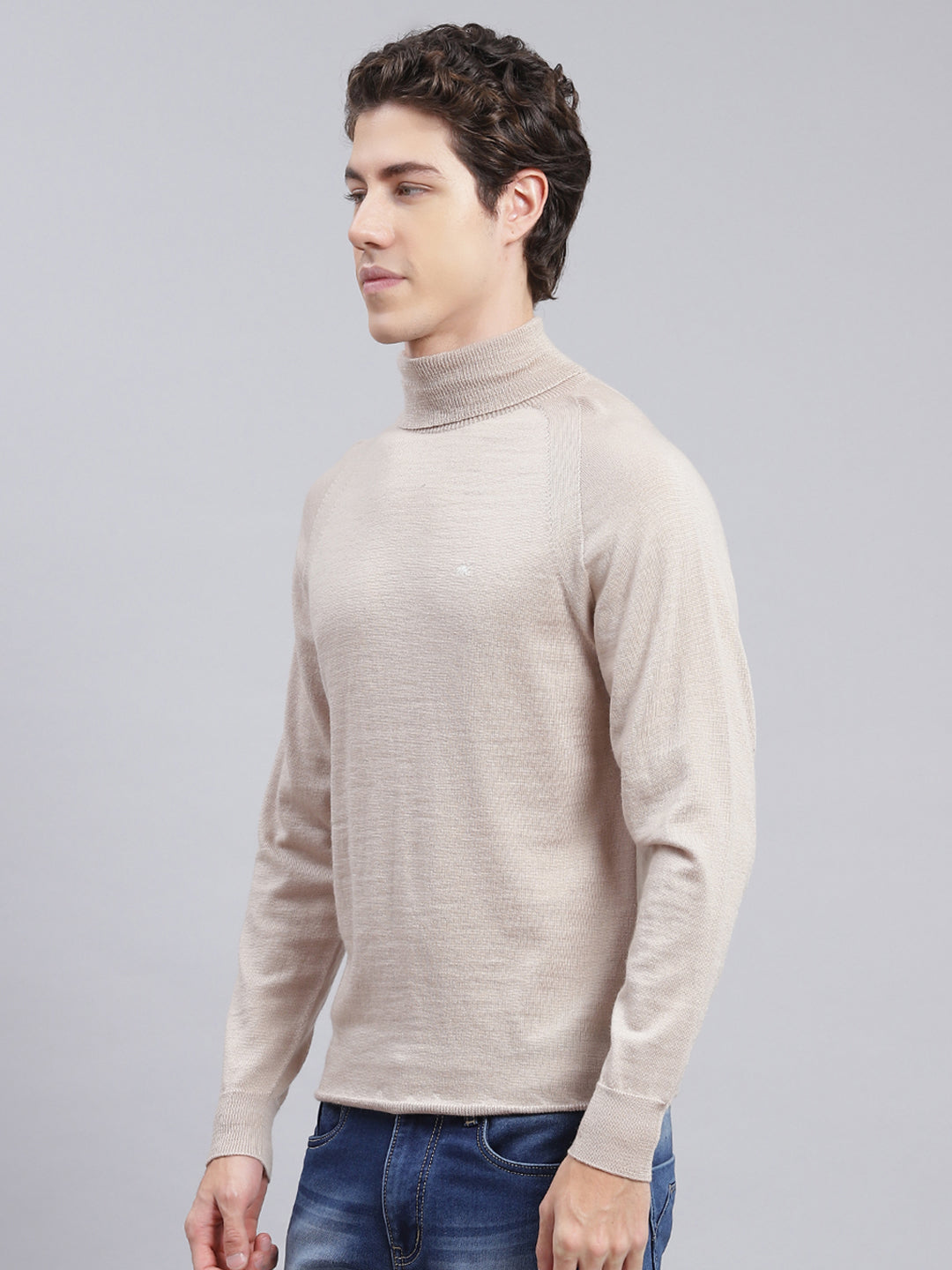 Men Beige Solid Pure wool Pullover