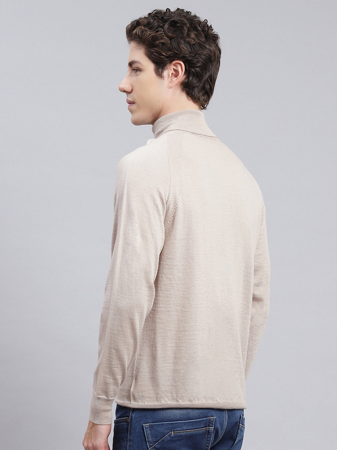 Men Beige Solid Pure wool Pullover