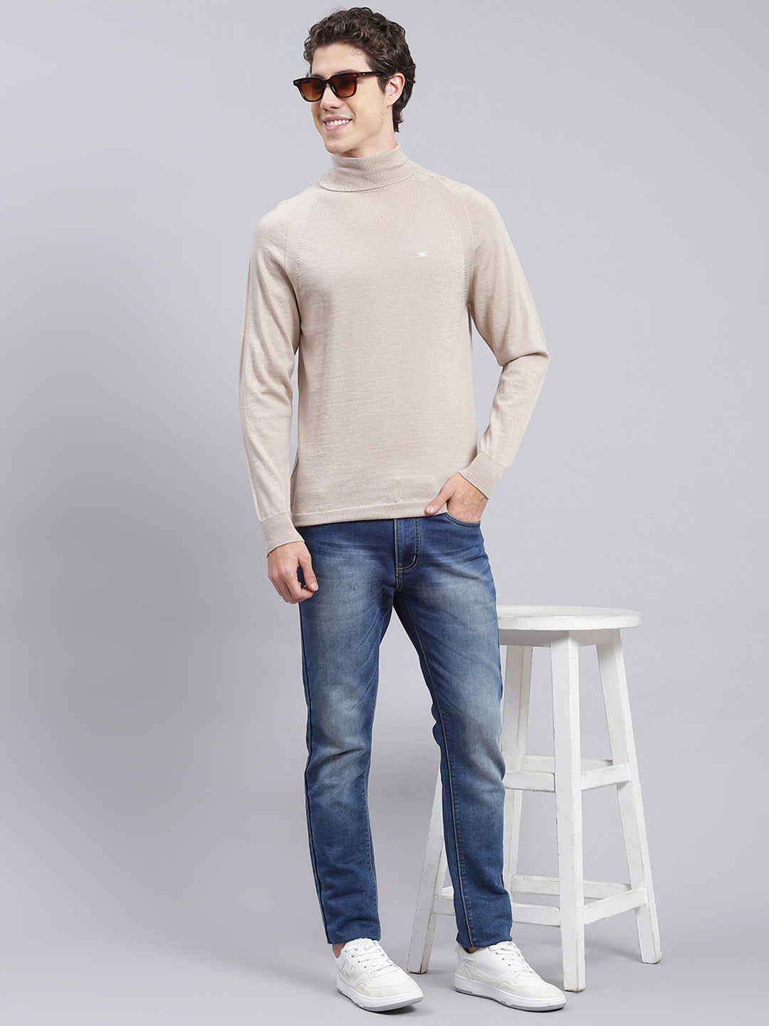 Men Beige Solid Pure wool Pullover