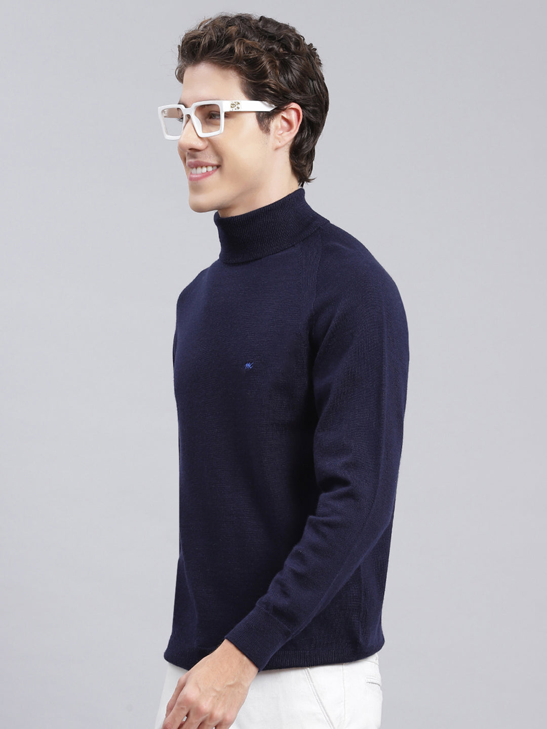 Men Navy Blue Solid Pure wool Pullover