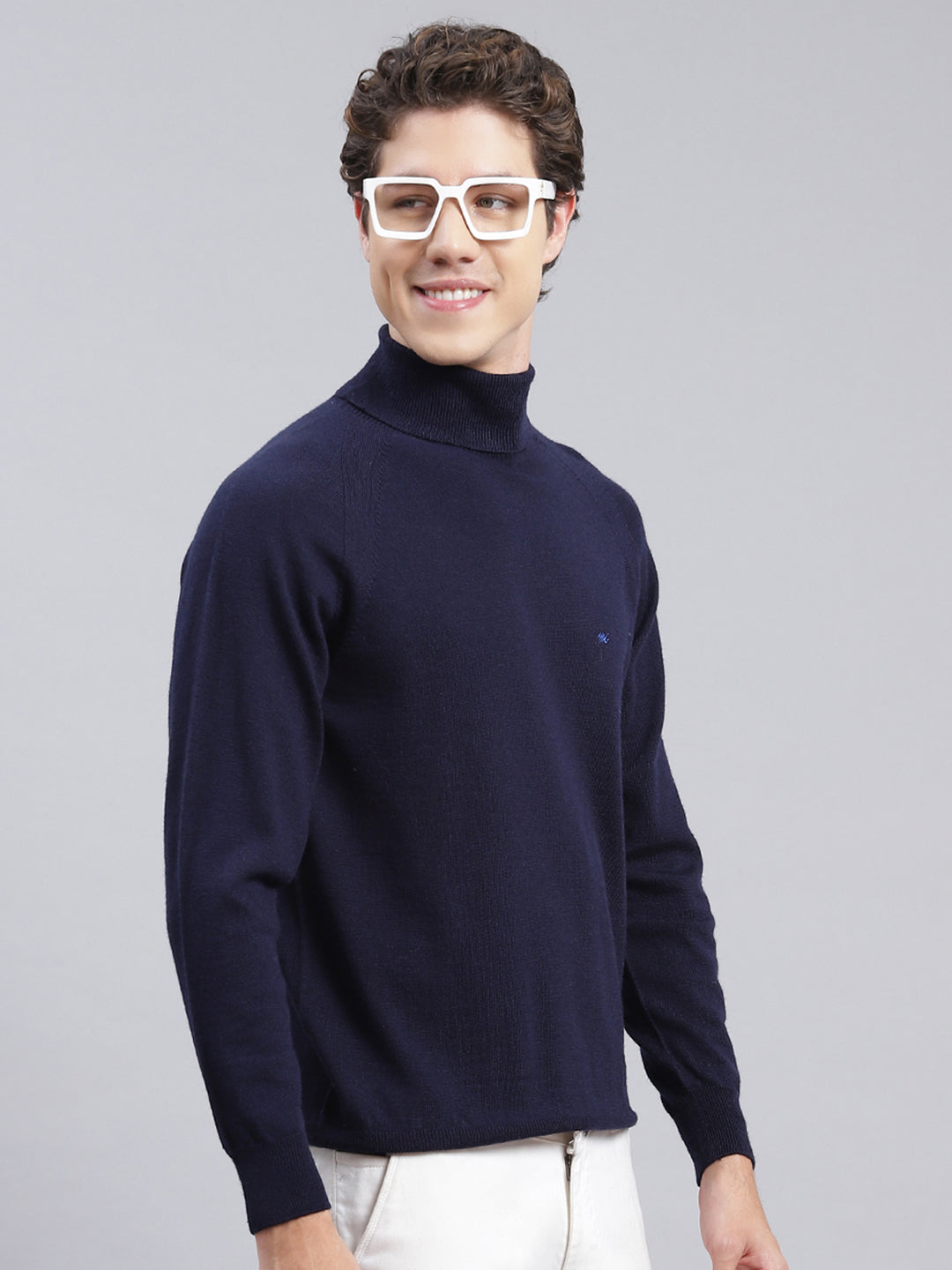 Men Navy Blue Solid Pure wool Pullover