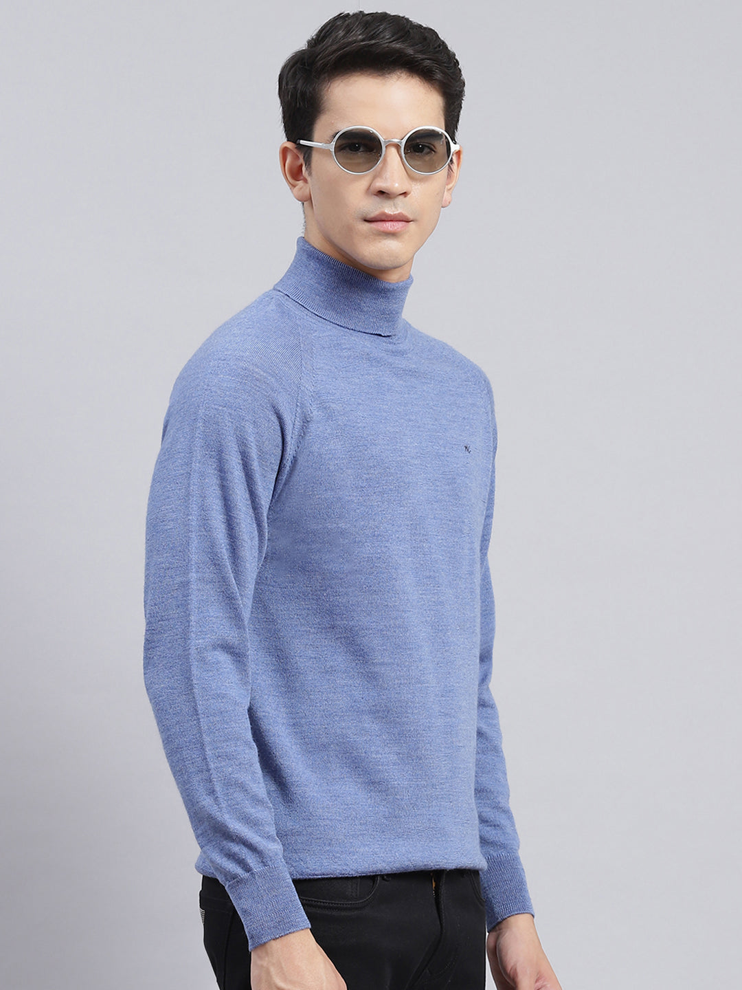 Men Blue Solid Pure Wool Pullover