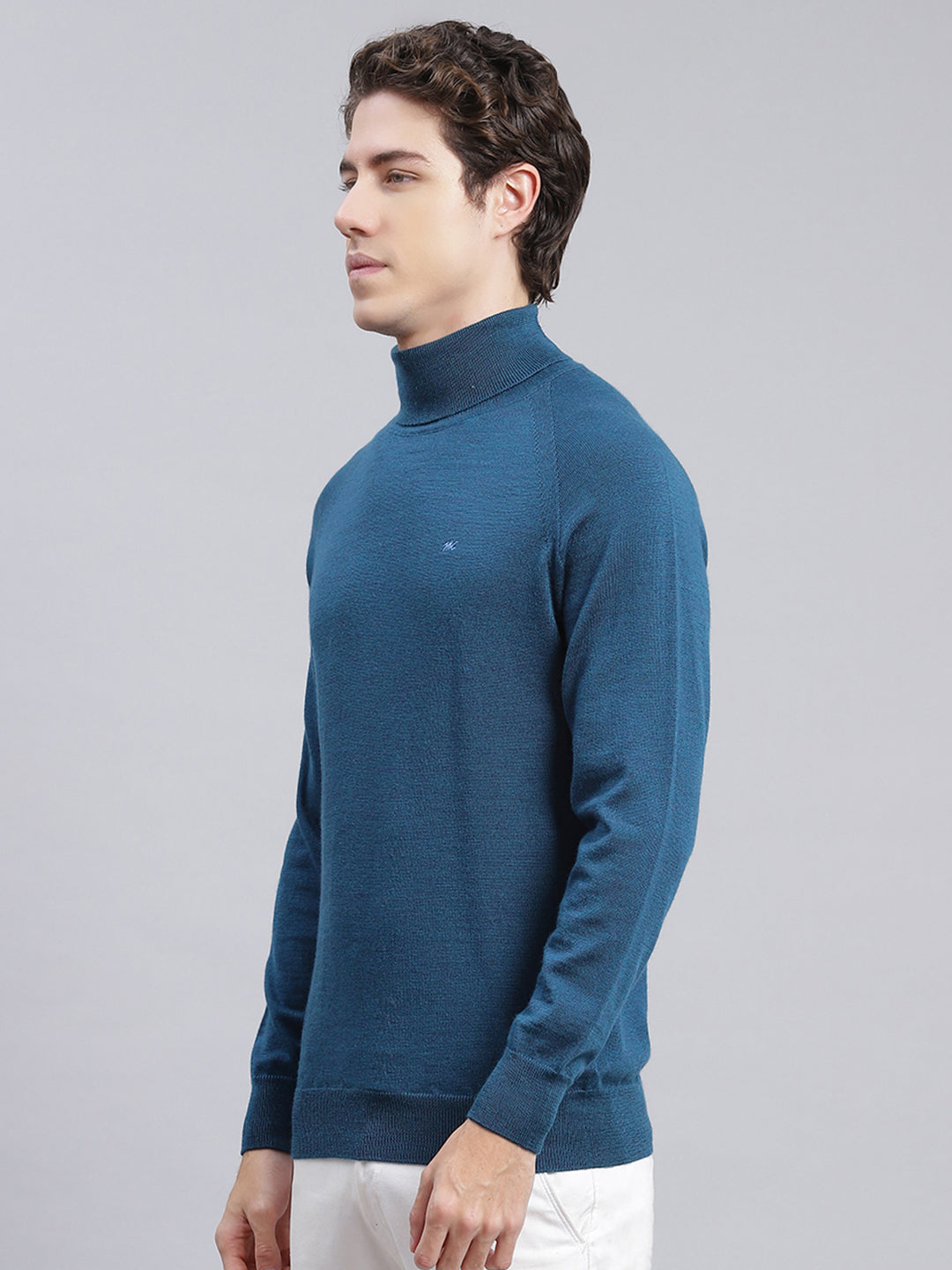 Men Blue Solid Pure wool Pullover