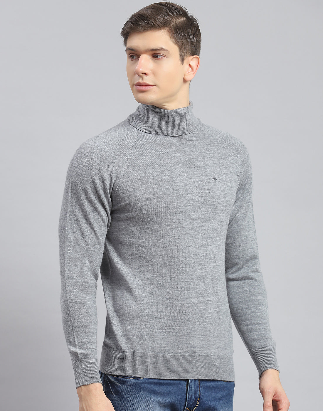 Men Grey Melange Solid H Neck Full Sleeve Pullover