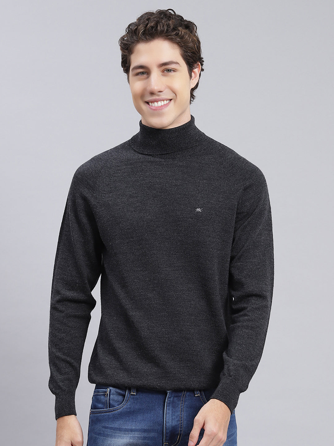 Men Grey Solid Pure wool Pullover