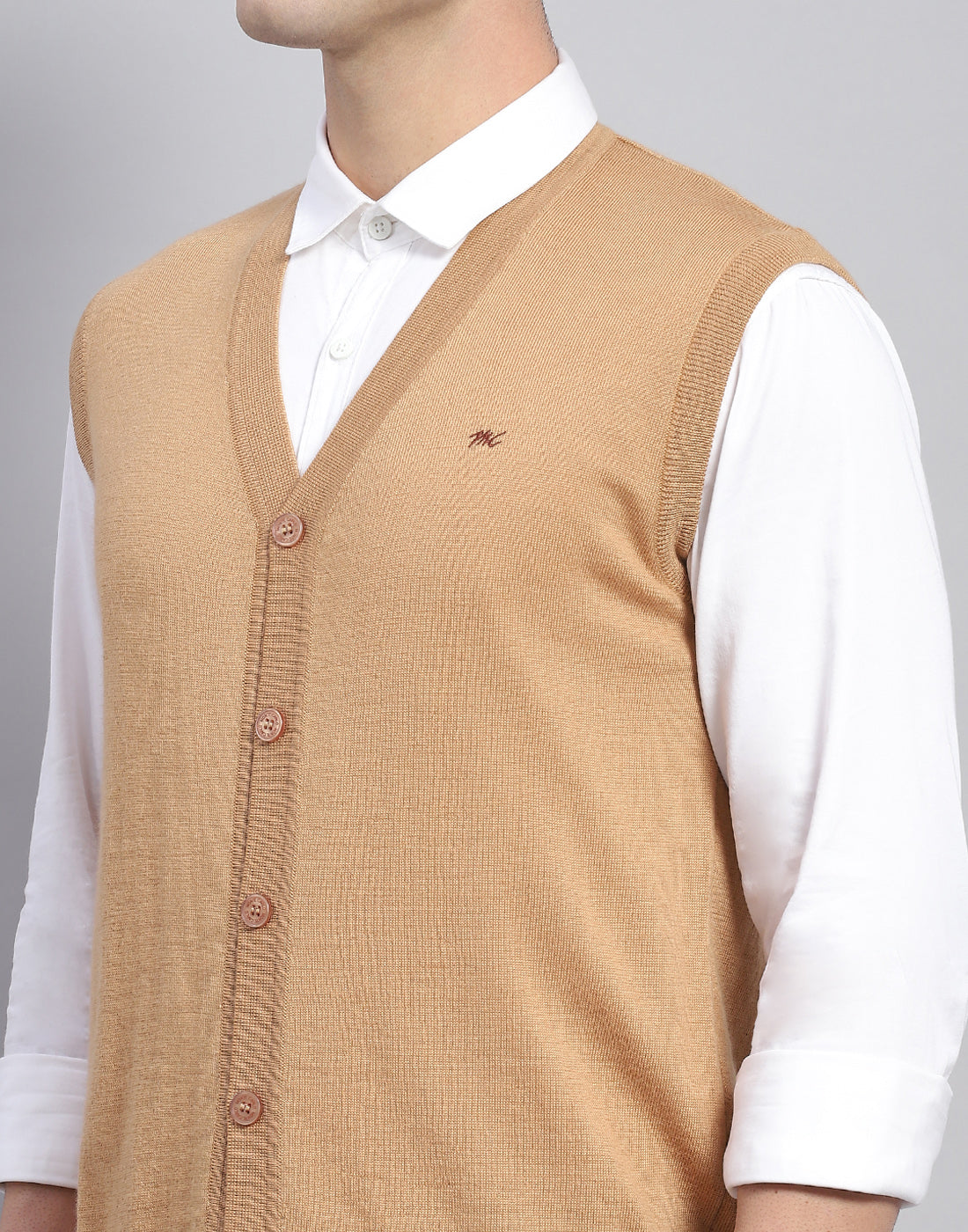 Men Beige Solid V Neck Sleeveless Cardigan