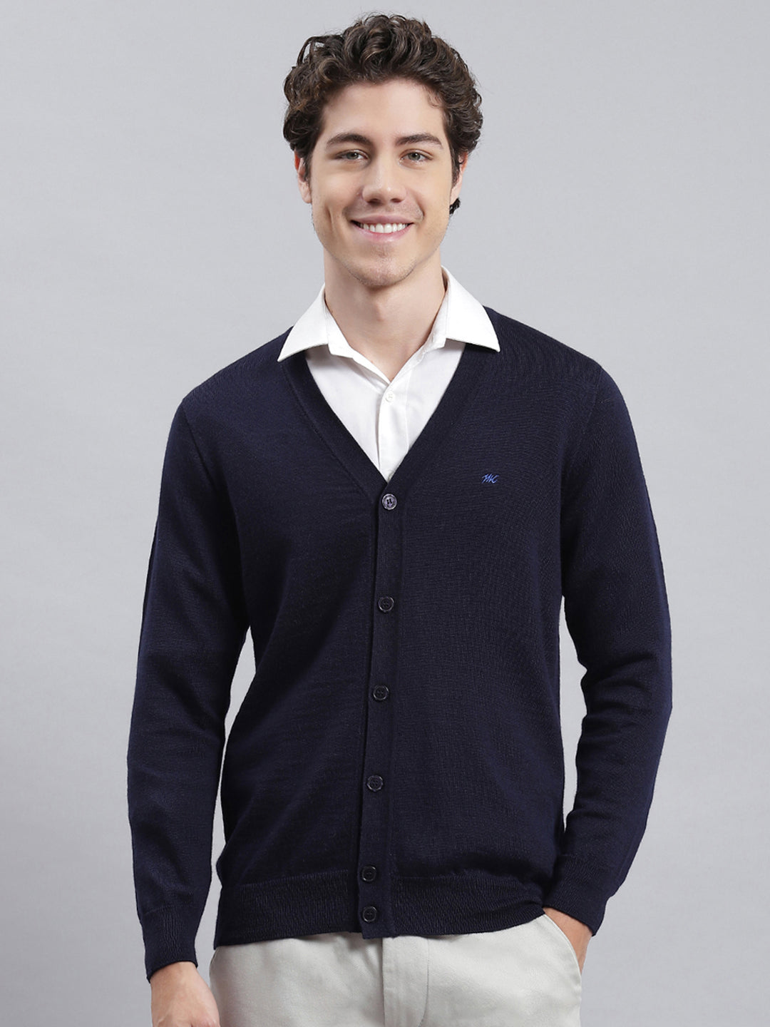 Men Navy Blue Solid Cardigan