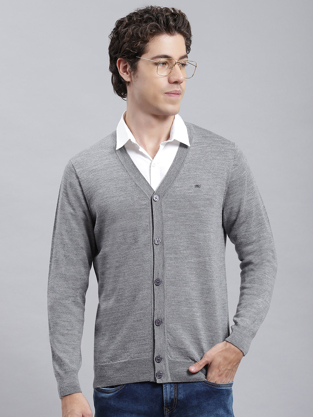 Men Grey Solid Cardigan