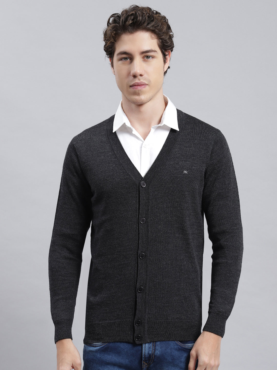 Men Grey Solid Cardigan