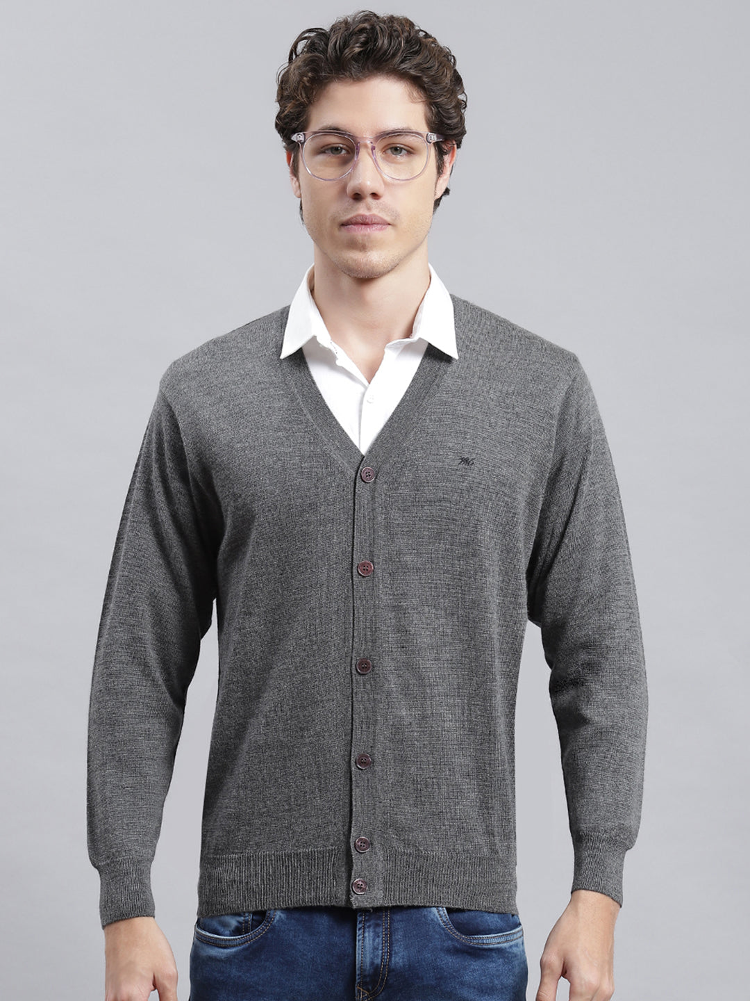 Men Grey Solid Cardigan