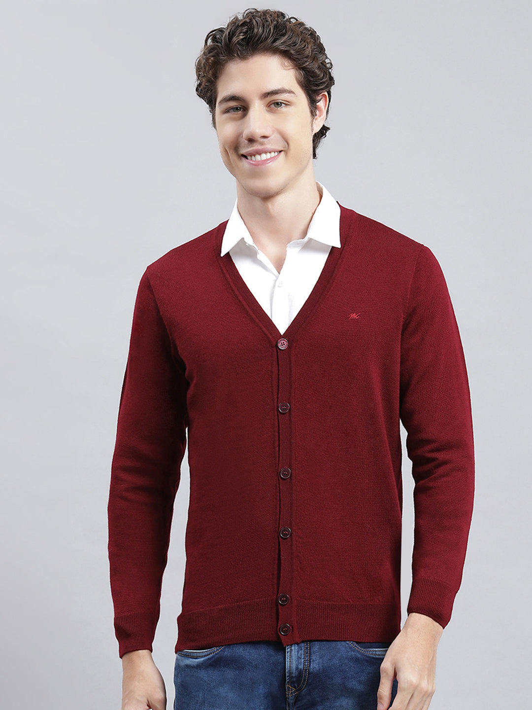 Men Maroon Solid Cardigan