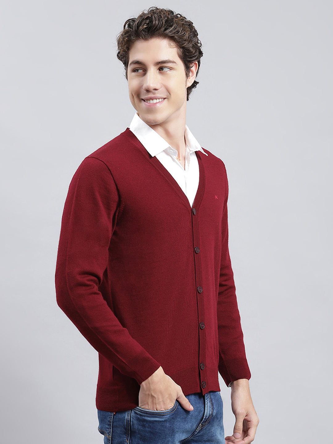 Men Maroon Solid Cardigan