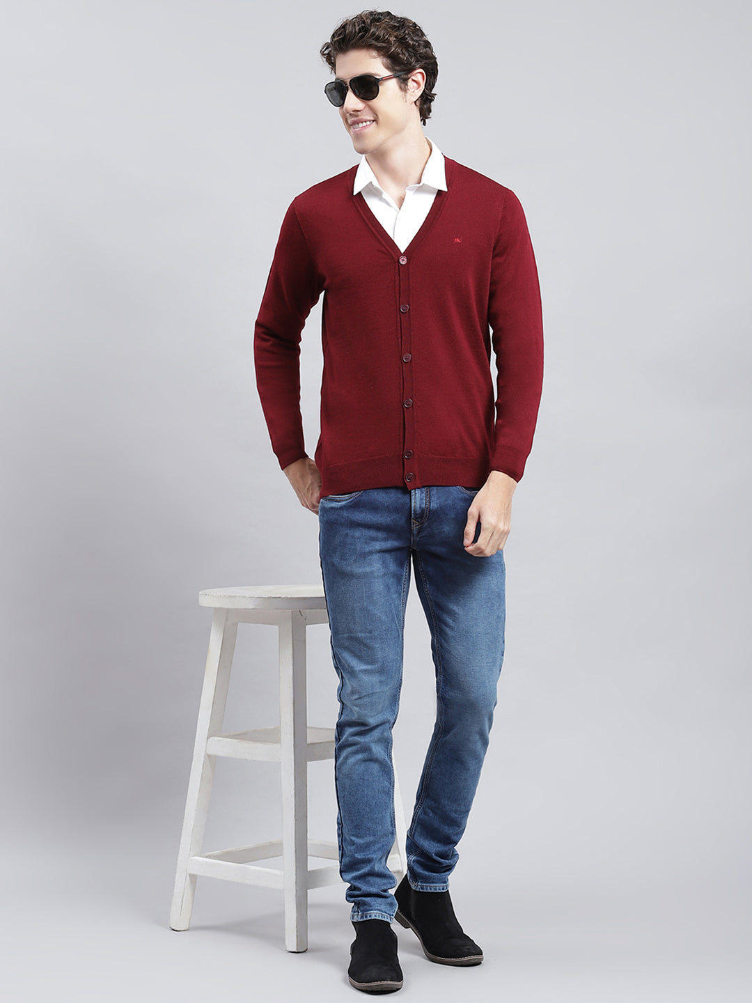 Men Maroon Solid Cardigan
